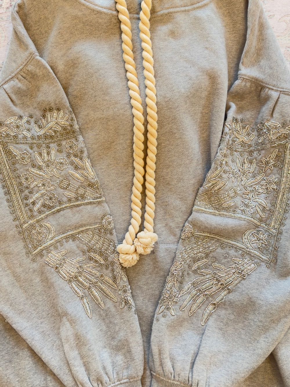 Free People Light Gray Embroidered Hoodie with Rope Drawstrings - Picture 11 of 13